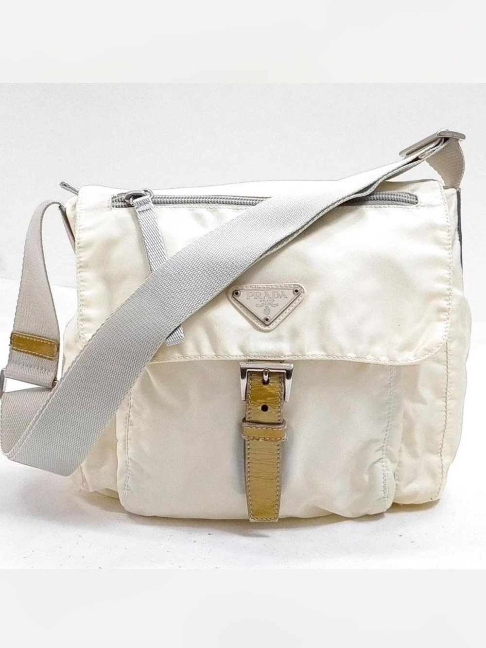 Prada⭐️Cream Nylon Messenger Bag with gold strap/silver hardware! Offers!